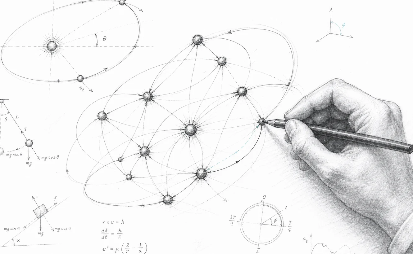 A graphite hand draws a network of nodes, orbital paths, arrows, and mathematical construction lines.